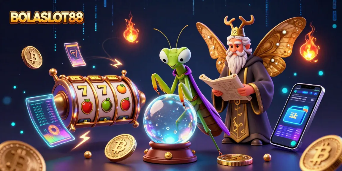 BOLASLOT88 reveals secrets of winning slots through a mystical scene with a fortune teller, symbols, and glowing coins.