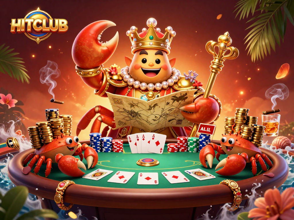 Engage with HITCLUB's exciting poker scene featuring a golden crab emperor amidst vibrant game elements.