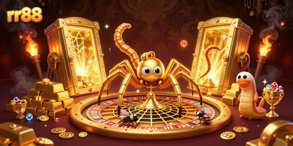 rr88 features a golden spider and centipede croupier creating a vibrant casino scene.