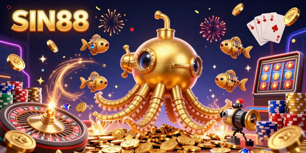 SIN88 portrays a vibrant casino scene with a golden kraken submarine amidst coins, inviting players to explore gaming excitement.