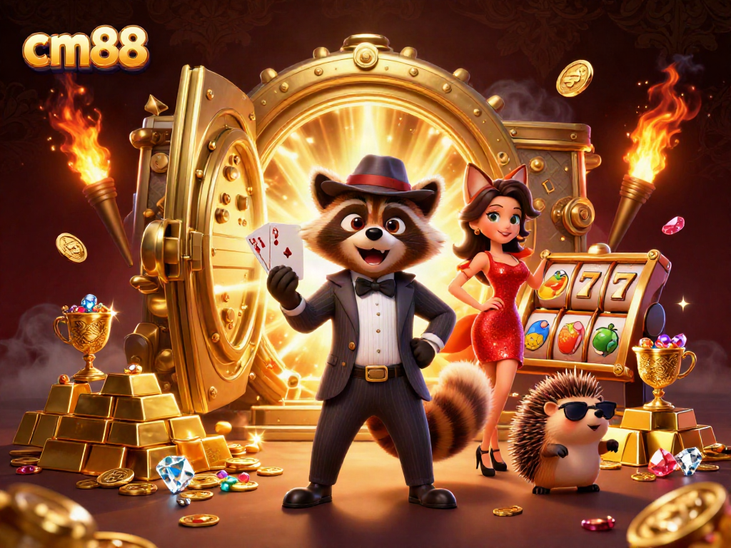 Experience thrilling moments at cm88 with a raccoon, fox, and hedgehog in a sparkling casino.