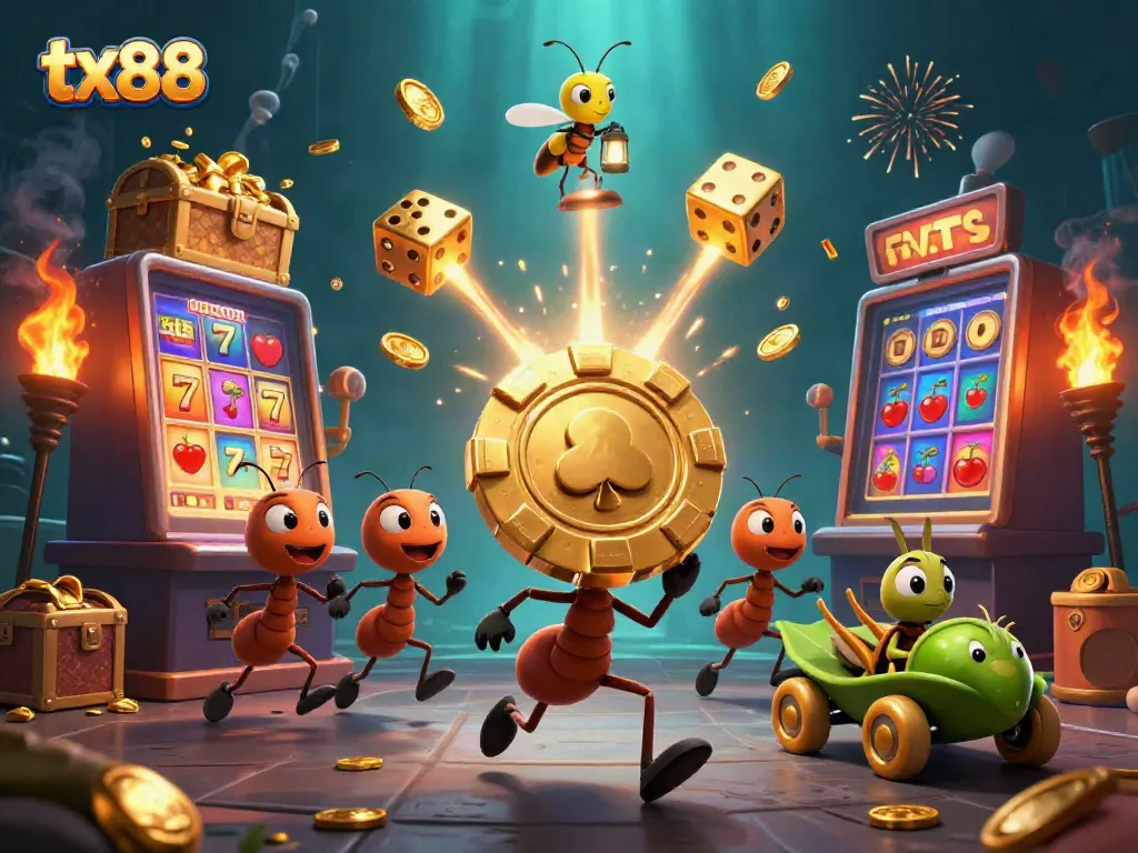 Join the wagering excitement at tx88 with lively ants heisting a giant poker chip amidst a colorful casino explosion.