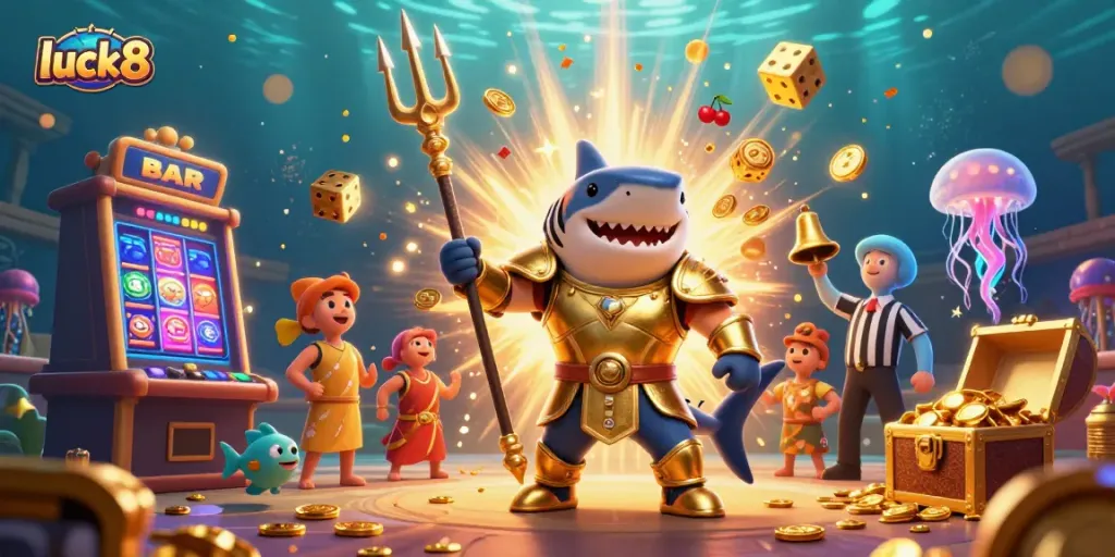 Experience thrilling gameplay at luck8 with a tiger shark in armor amidst a vibrant underwater casino scene.