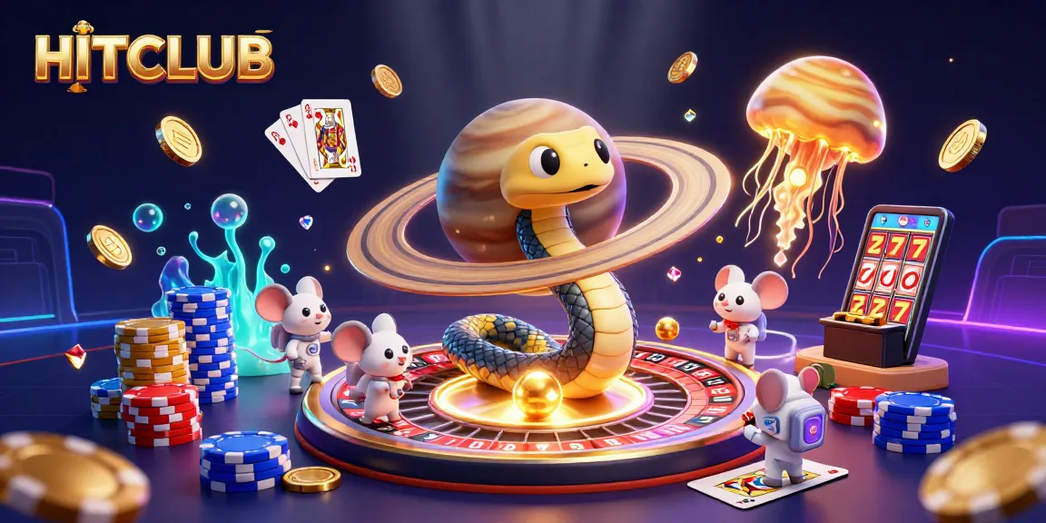 Experience HITCLUB's thrilling gaming atmosphere with roulette, betting mice, and cosmic dealer.