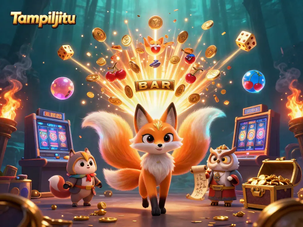 Tampiljitu's vibrant casino scene featuring a glowing fox spirit, owl sage, and jackpot elements.