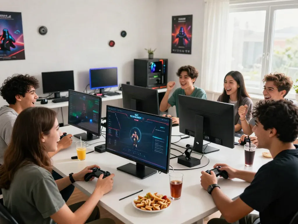 Friends enjoying an engaging gaming session on Kilat404 in a vibrant setup.