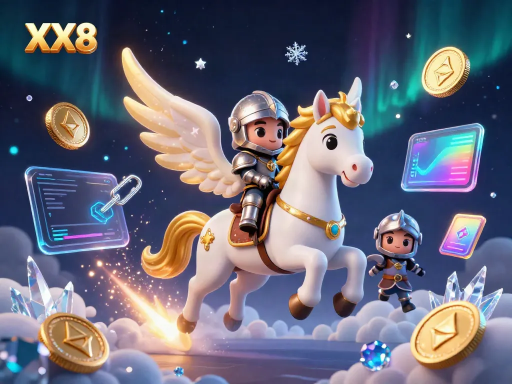 Experience the thrill of XX8 online gaming with a dynamic celestial scene showcasing a knight and crypto elements
