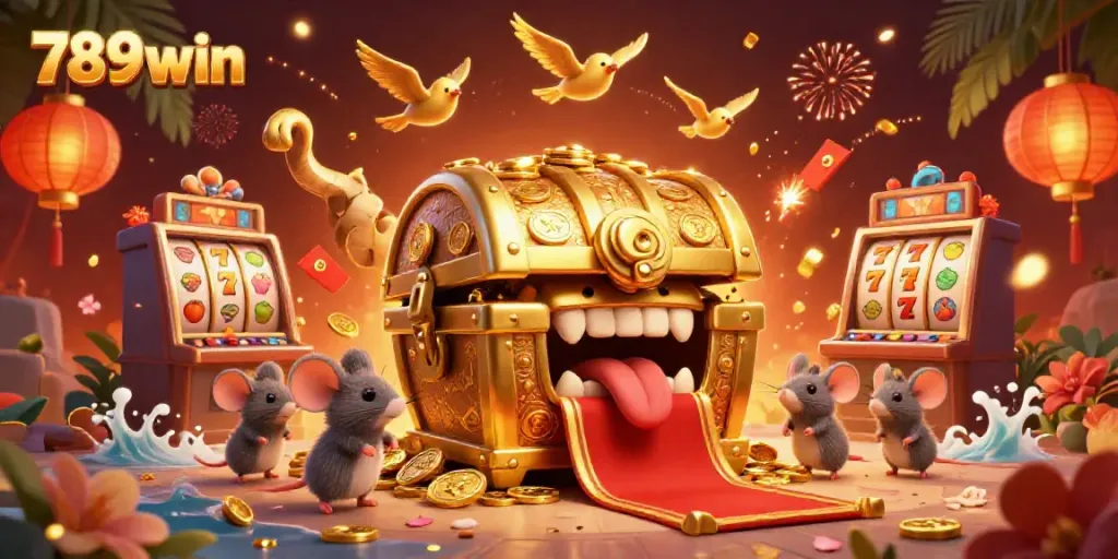 Engage in the vibrant world of 789win with an illustrated golden treasure chest, enticing adventurers amidst lively casino elements.