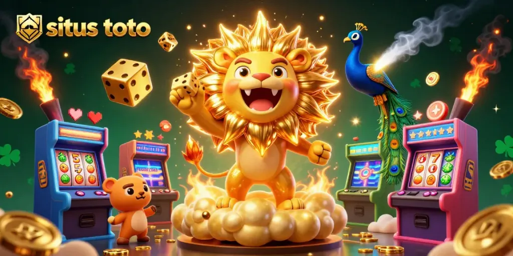 Experience thrilling situs toto gameplay with a vibrant illustration of a roaring lion and dynamic casino elements.