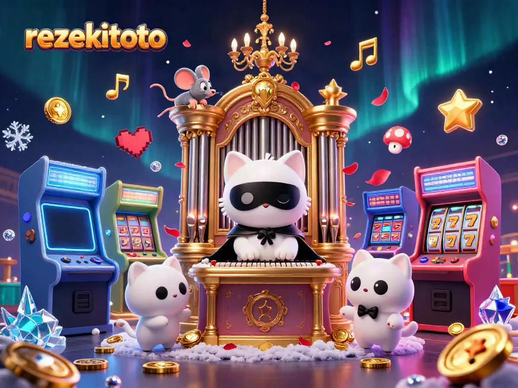 Engage with rezekitoto's thrilling casino adventure featuring colorful game elements and a dramatic scene.