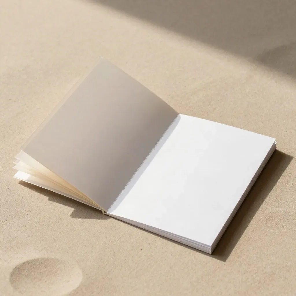 Sandowy folder startowy GIF z przezroczystymi arkuszami i białym booklet na piaskowym tle.