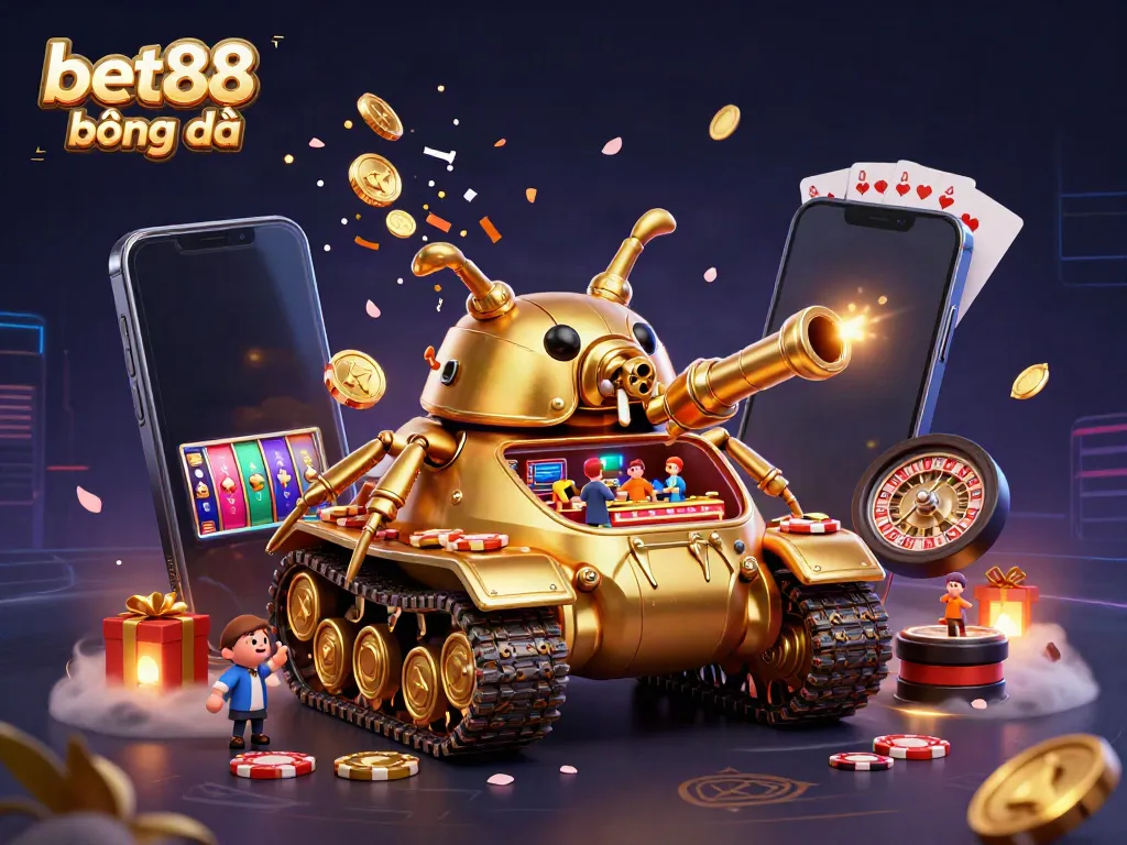 Experience the thrill of bet88 bóng đá with this rich 3D illustration showcasing a golden beetle casino tank amidst vibrant gaming elements.