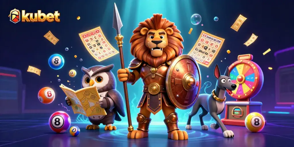Play and win with kubet in this vibrant casino-themed illustration featuring dynamic game elements.