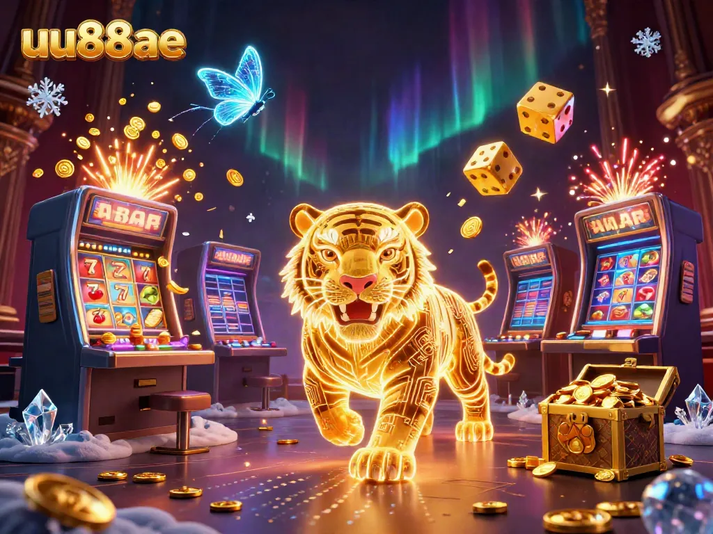 Experience thrilling gameplay with uu88ae in this vibrant 3D casino scene featuring a golden tiger and jackpot excitement.