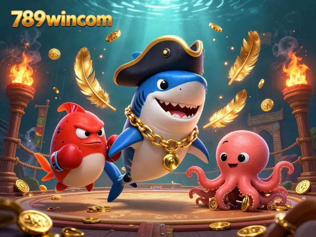 Engage with 789wincom through a vibrant underwater casino adventure featuring cartoon characters and gold coins.