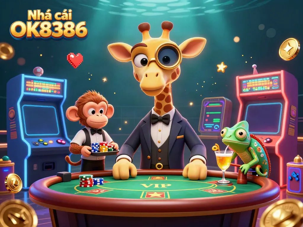 Experience the thrill with Nhà cái OK8386 as high-roller characters engage in vibrant casino scenes, sparking excitement.