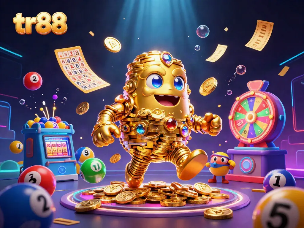 Experience the excitement of tr88 with a vivid 3D casino scene featuring a golden golem and dynamic gaming elements.