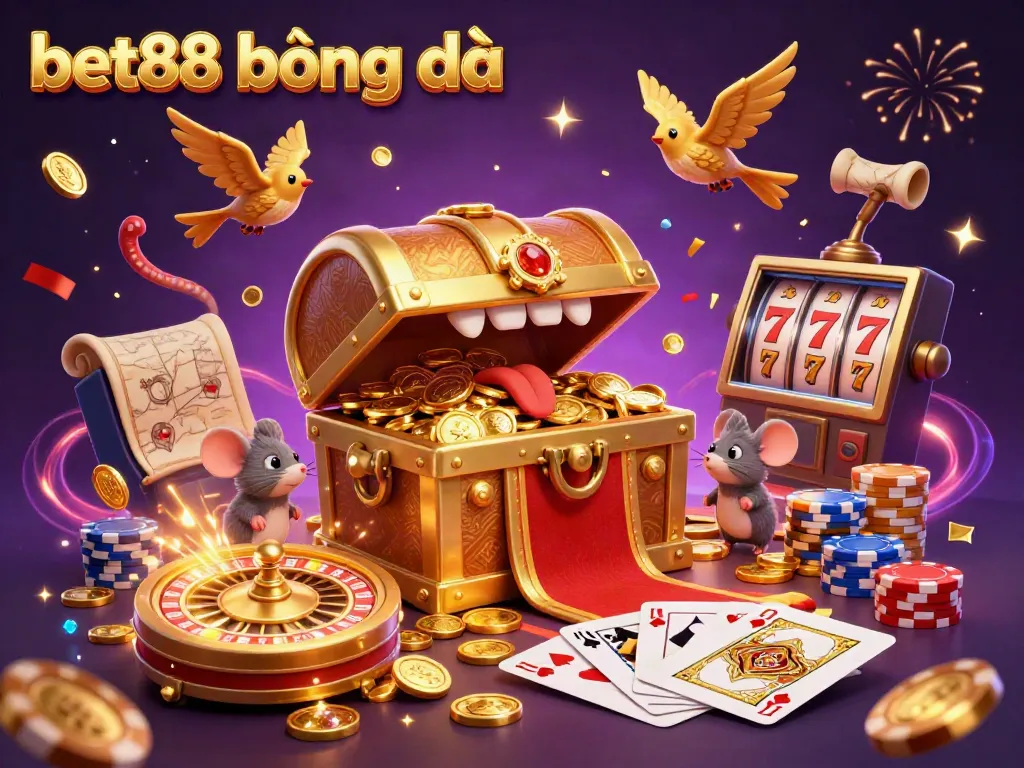 Experience the excitement of bet88 bóng đá with a vibrant, dynamic 3D casino scene featuring a treasure chest enticing players.