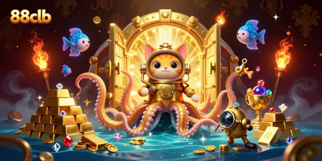 Engage with 88clb's thrilling treasure hunt featuring an enormous kraken, diving cat, and shimmering gems.