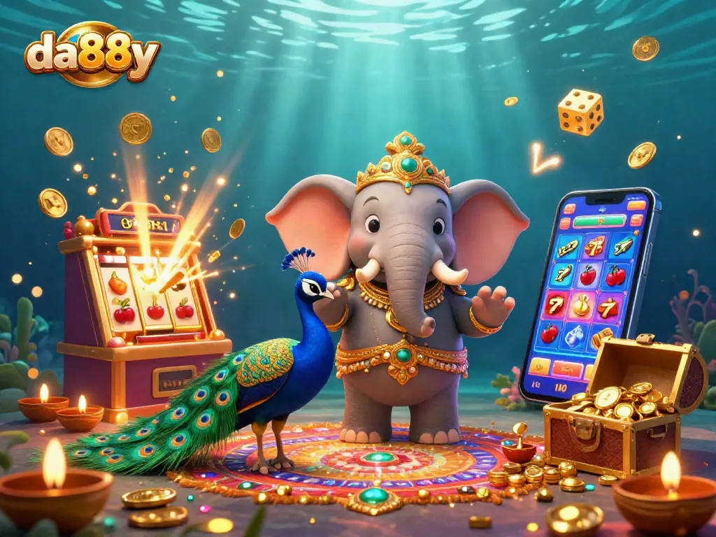 Experience winning moments at da88y with the vibrant elephant and peacock amidst a jackpot explosion.