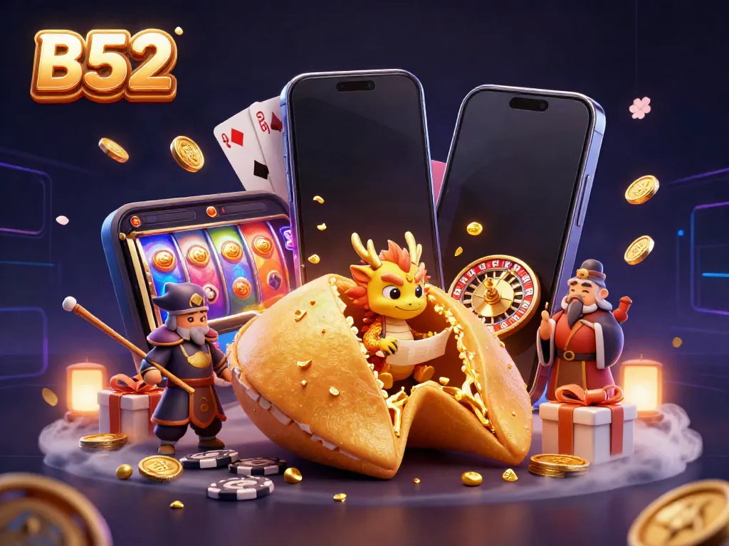 Engage with B52's vibrant casino scene featuring a fortune cookie, dragon, and golden coins exploding.