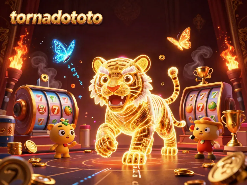 Experience the excitement of tornadototo with a golden tiger and vibrant casino elements in this stunning 3D illustration.