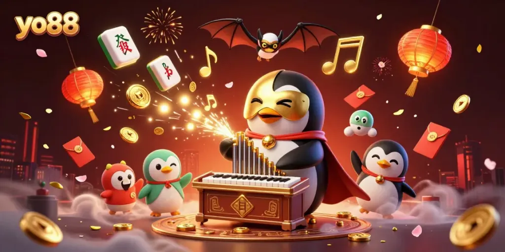 Engage with yo88's thrilling gaming experience, featuring a penguin playing a magical organ amidst a vibrant casino environment.