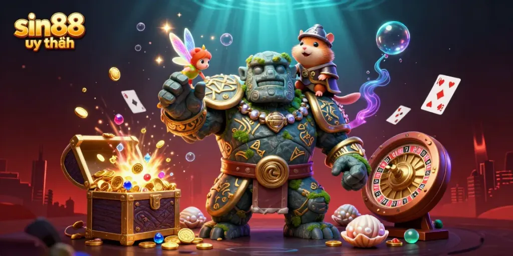 Experience the exciting world of sin88 uy tín through vibrant characters and dynamic casino elements, all in an engaging 3D scene.