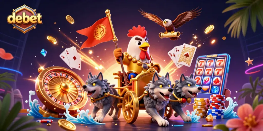 Win big with debet's exciting online casino games featuring dynamic characters and vibrant design.