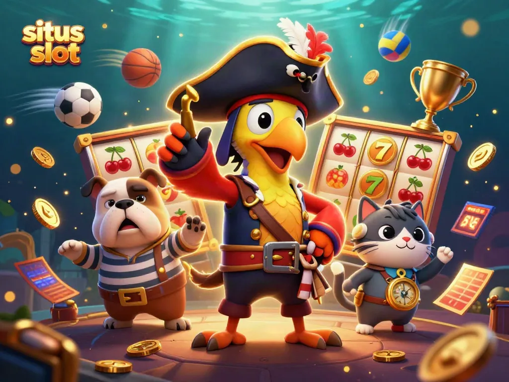 Engage in situs slot gaming with vibrant characters and dynamic slot reels, celebrating wins.