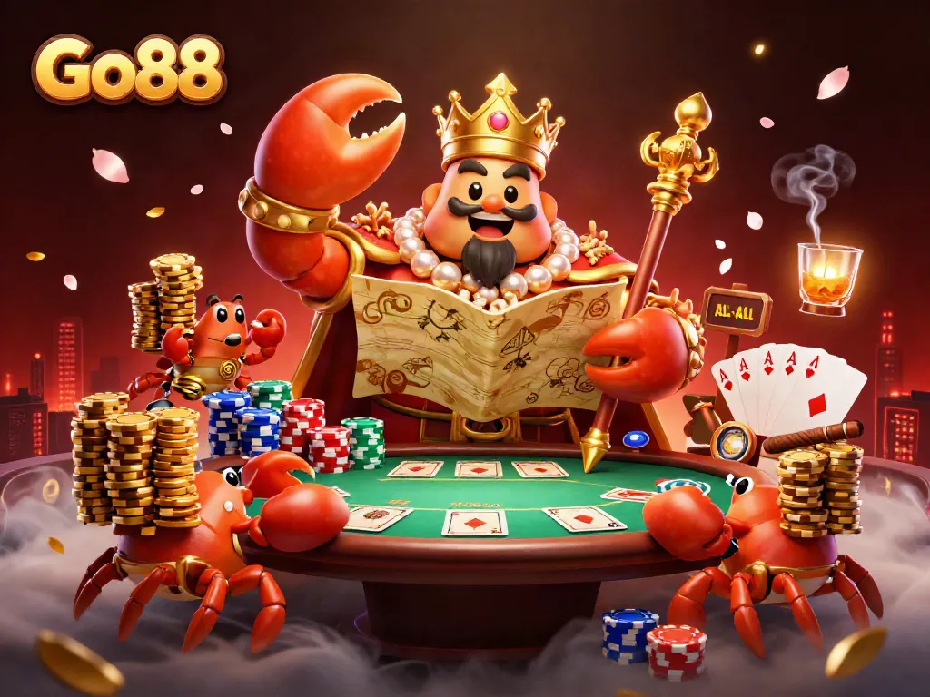 Experience Go88 excitement with a golden crab emperor and festive poker scene full of treasures.
