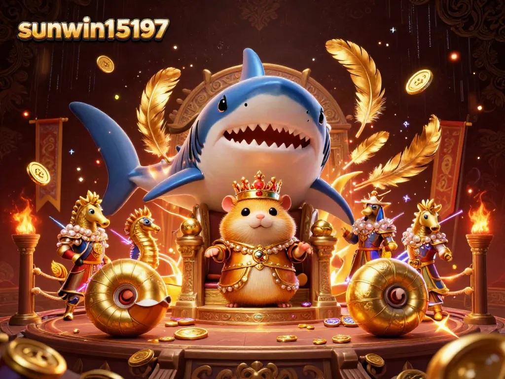 Experience thrilling gameplay at sunwin15197, where a golden hamster king sits on a megalodon throne in an ancient arena.