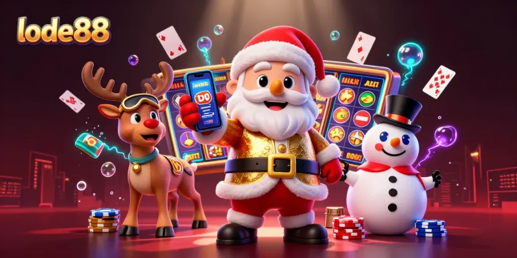 Experience the lode88 thrill with Santa, a dealer reindeer, and a poker chip snowman in a vibrant casino scene.
