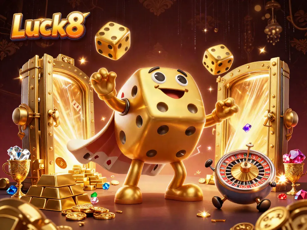 Experience the excitement of Luck8 with a golden dice golem and jewels scattered throughout.