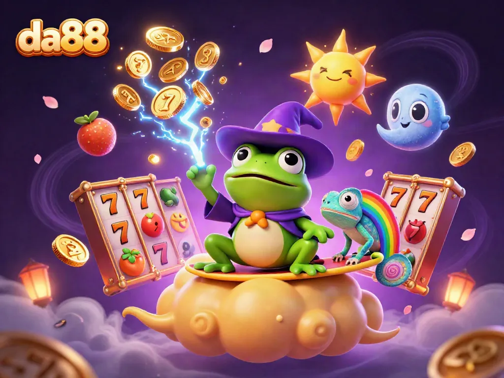 Experience thrilling jackpots at da88 with a whimsical scene of a wizard frog and a chameleon amidst golden coins.