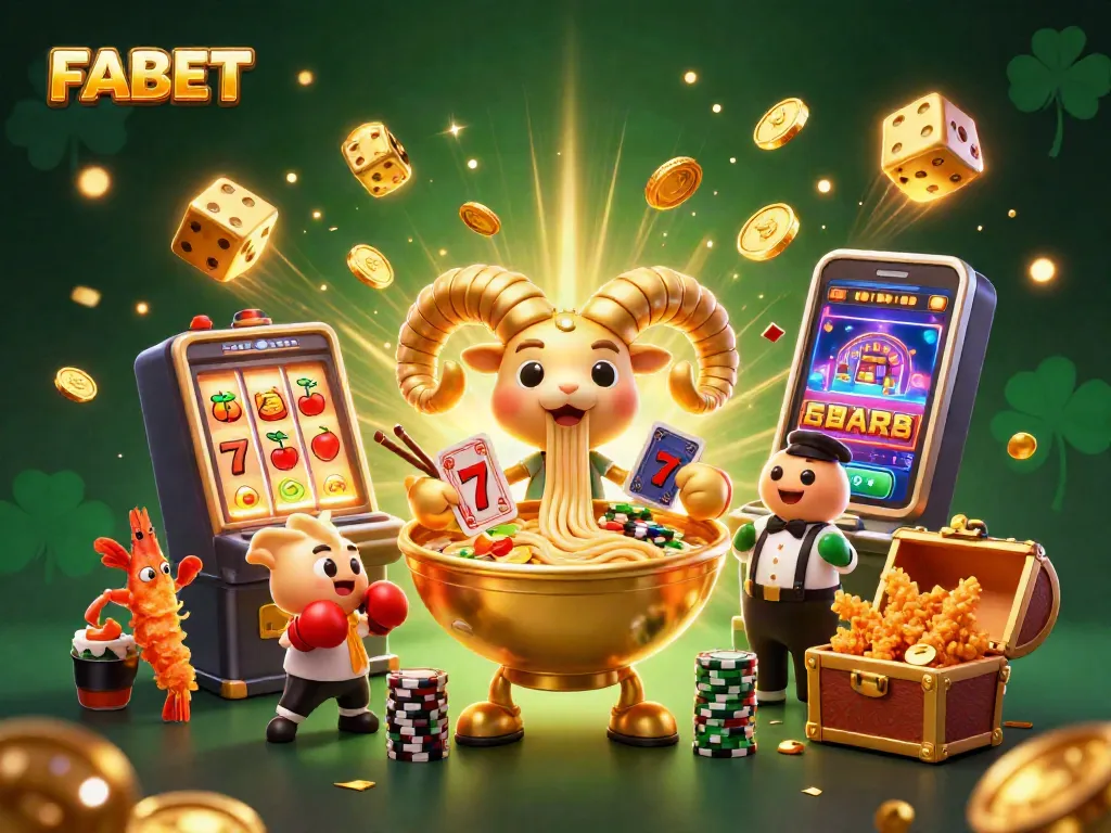 FABET's vibrant gaming scene features interactive characters amidst a slot machine explosion.