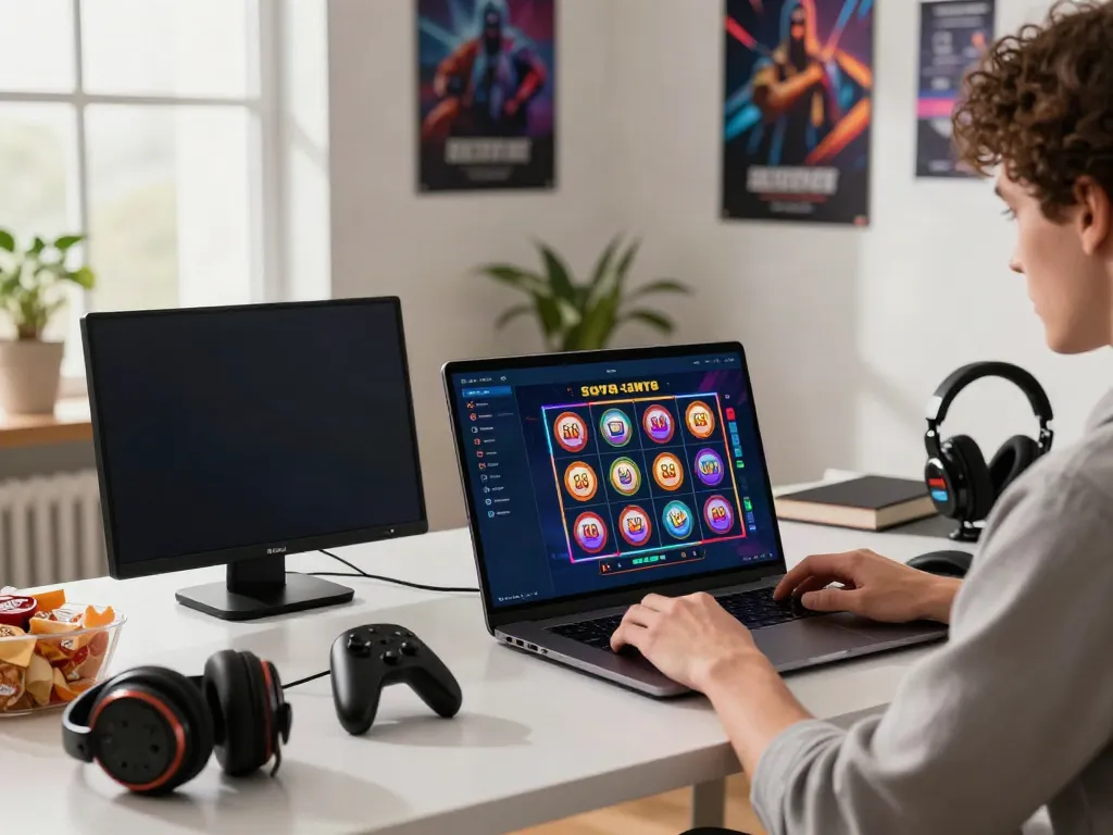 Engaged player enjoying slot88 on laptop with vibrant graphics.