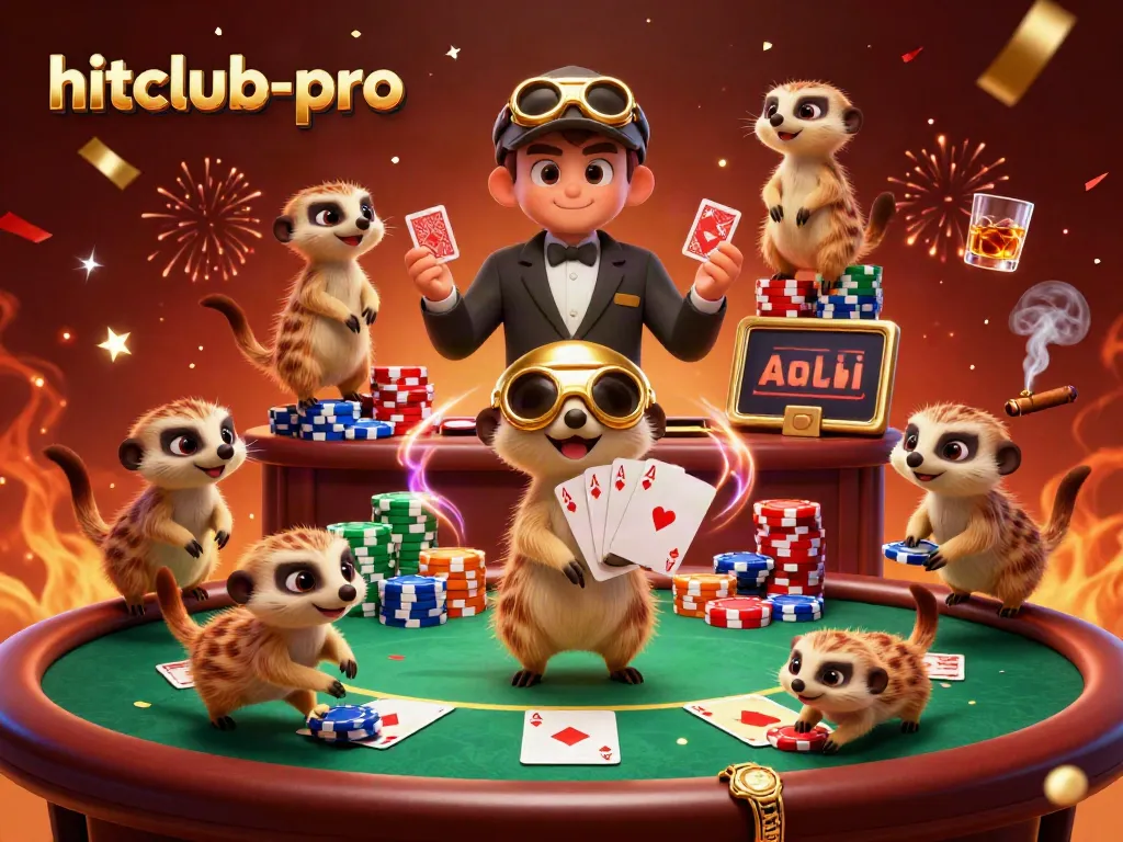 Hitclub-pro depicts meerkats managing an animated casino with vibrant poker action and festive elements.