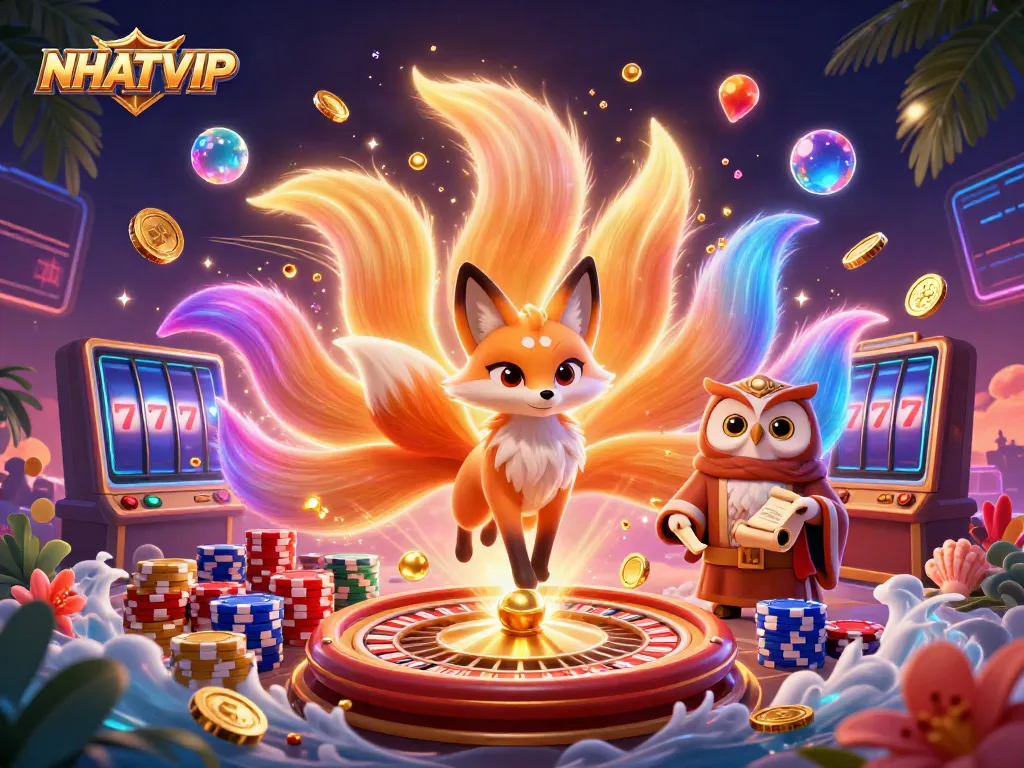 NhatVIP brings excitement with a vibrant scene featuring a nine-tailed fox, an owl, and casino elements.