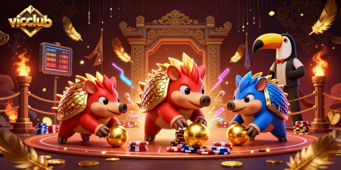 vicclub pangolins compete in a vibrant casino environment with golden coins and poker chips.