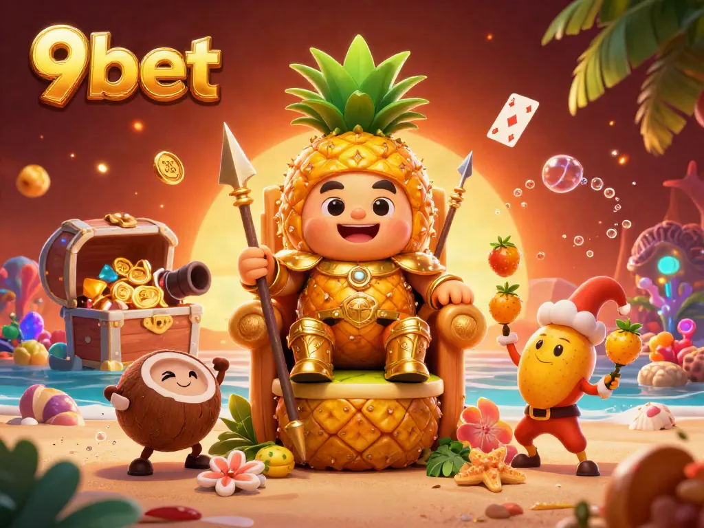 Experience thrilling gameplay at 9bet with a vibrant casino scene featuring a golden pineapple king and dynamic elements.