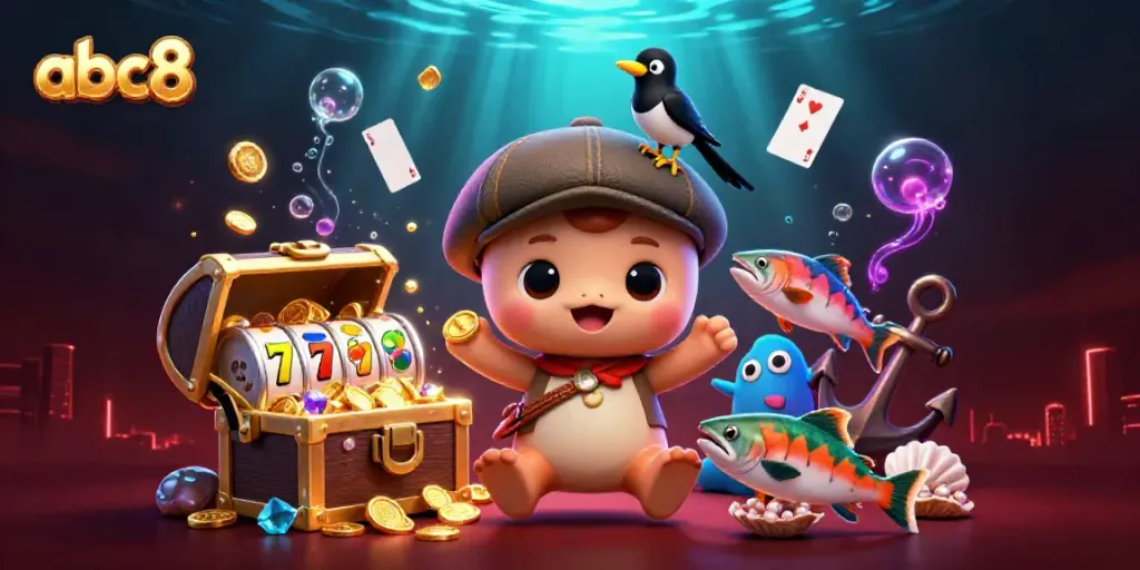 Spin the reels with abc8's whimsical 3D design showcasing baby Nessie amid vibrant casino elements.
