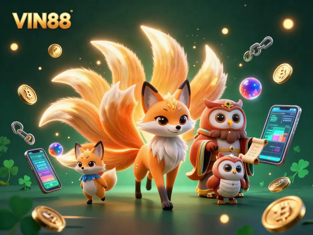 Experience the vibrant world of VIN88 with glowing characters and crypto elements in this dynamic digital illustration.