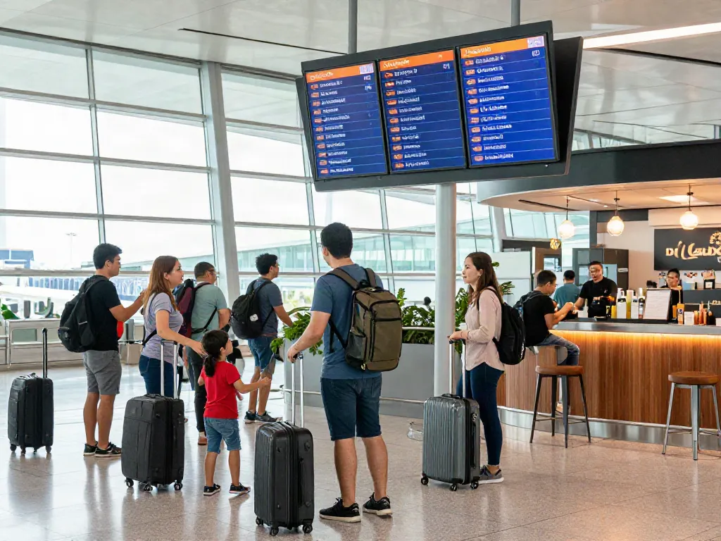 Traveler checking flight status for garuda 404 at vibrant airport terminal.