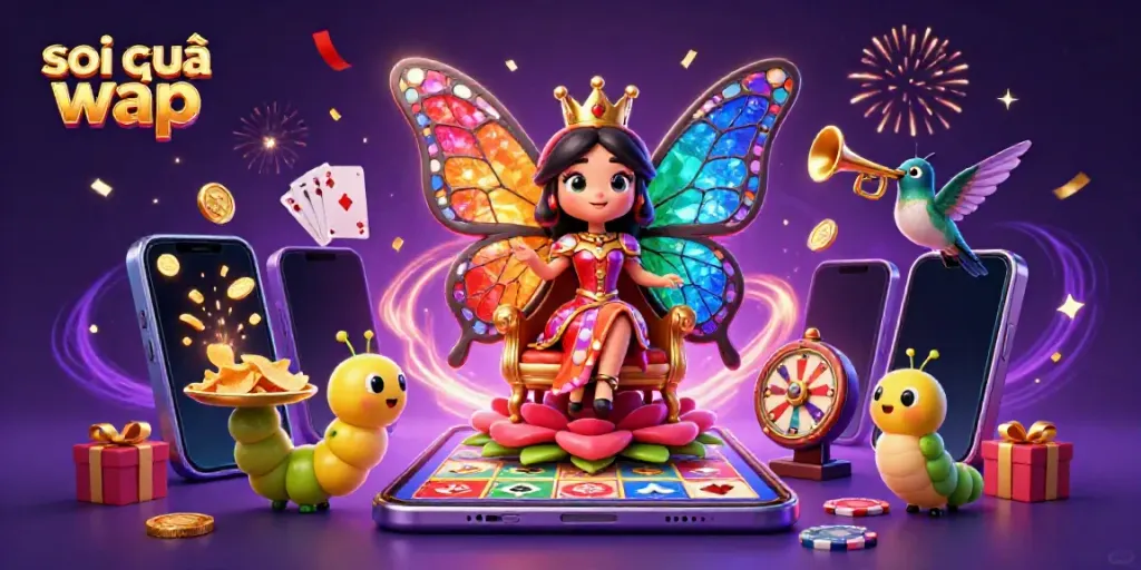 Soi cầu wap gathers energy with the butterfly queen and lottery elements in a vibrant scene.