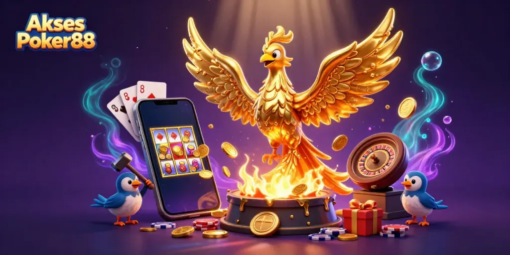 Experience Akses Poker88 with vibrant poker games and golden phoenixes showcasing online excitement.