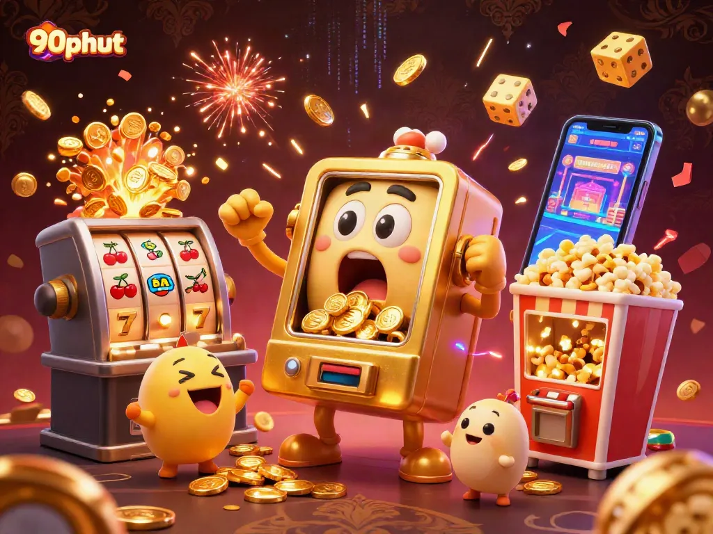 Experience the excitement of winning on 90phut as animated slot machines celebrate a jackpot moment amidst coins and vibrant casino elements.