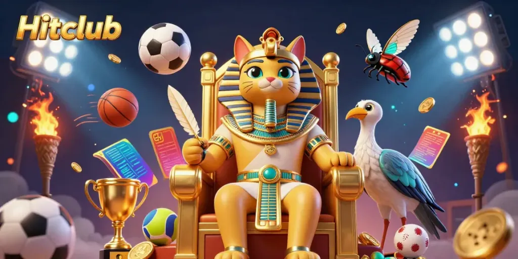 Engage with Hitclub's thrilling 3D casino world showcasing a pharaoh cat on a throne surrounded by sports betting elements.
