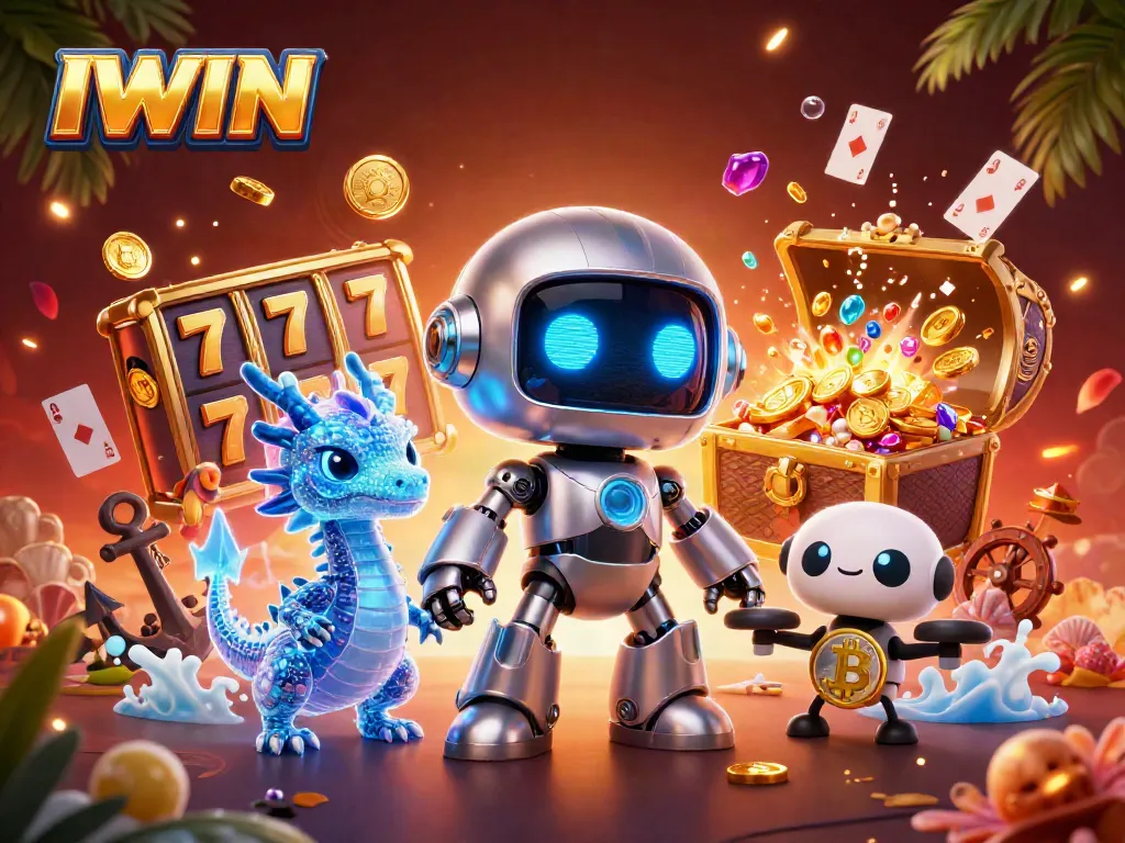 IWIN casino game scene depicting a cartoon robot and dragon with slot reels and gold coins.
