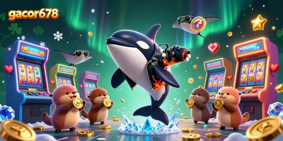 Win big with gacor678 in this vibrant casino scene featuring dynamic slot elements and playful sea creatures.